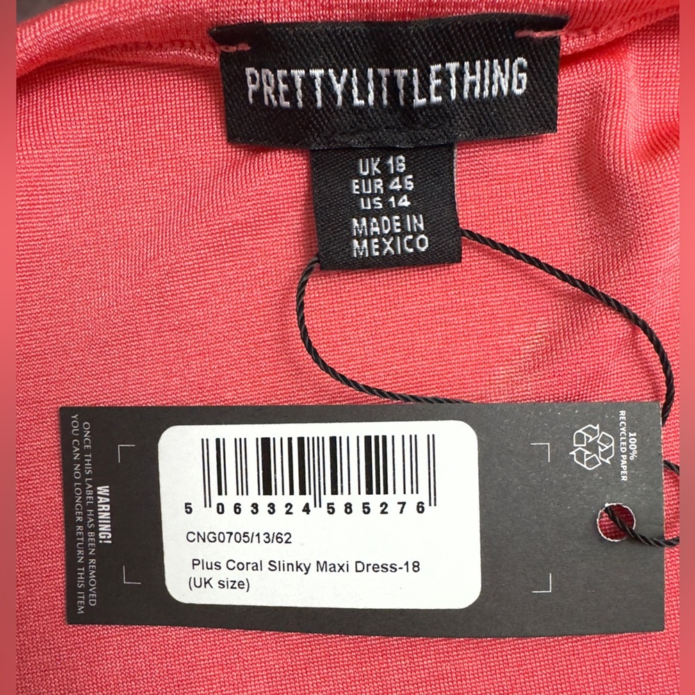 PrettyLittleThing CORAL ONE SHOULDER SLINKY HIGH SLIT MAXI DRESS   US 14     NWT - Picture 9 of 10